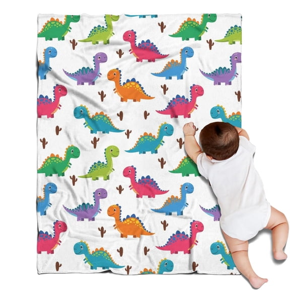 White Dinosaurs Colorful Cacti Pattern Blanket,Comfortable Soft Flannel Throw Blanket,All Season,Warm Lightweight Blankets for Sofa Bed Couch Living Room Chair,30"x40"