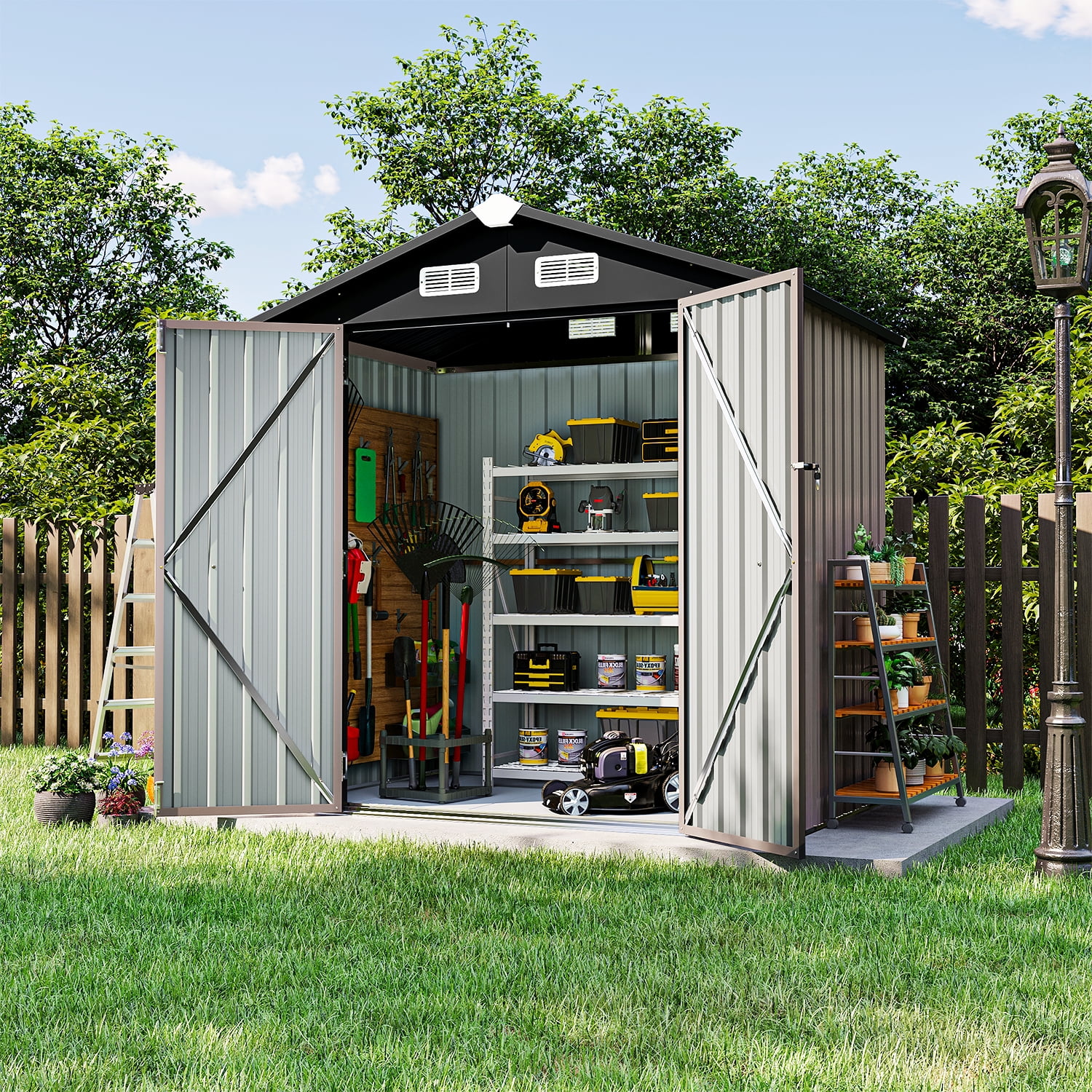 JolyDal 6 x 4 Ft Outdoor Storage Shed with Plastic Floor, Metal Tool Shed with Door and Lock, Brown