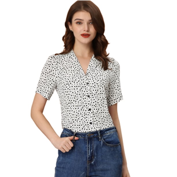 Blusa de lunares con corazón dulce Allegra K mujer cuello en V manga corta casual con botones blanco L