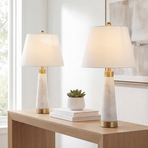 JONATHAN Y Travis 26.5" Marble/Iron Gold Modern Column LED Table Lamp, White, JYL5055A-SET2