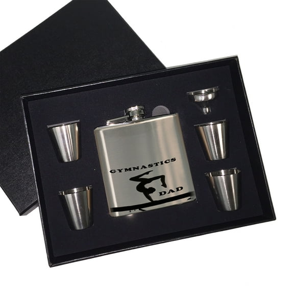 KuzmarK 6 oz. Stainless Steel Flask Set in Black Presentation Box -  Gymnastics Dad_1