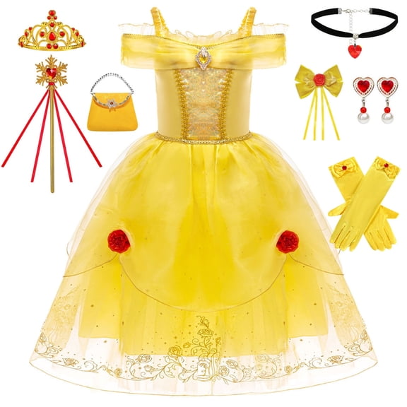 Girls Yellow Off Shoulder Princess Dress Halloween Cosplay Outfits with Accessories