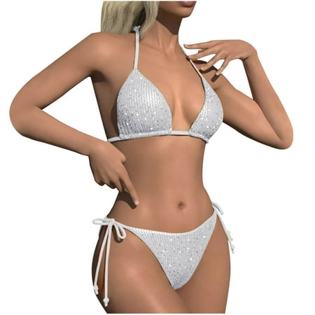 Odbmxy Halter Swimsuit Women Two Piece Triangle Bathing Suit for Women Plus Size Lace up Bikini Solid Color Party Swimwear White S