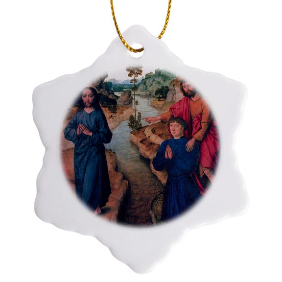3drose, Christ and St. John the Baptist by Dieric Bouts, 3 inch Snowflake Porcelain Ornament