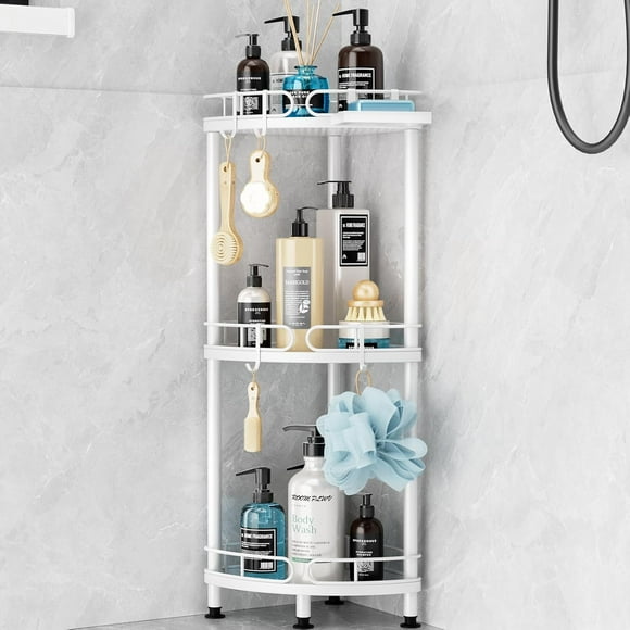 Shower Caddy Corner Standing Rustproof Metal Corner Shower Caddy Stand with Soap Holder and Hooks Freestanding Floor Corner Shower Shelves Stand for Bathroom