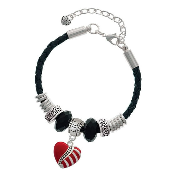 Delight Jewelry Silvertone Striped Red Enamel Heart with Beaded Decoration Middle Sister Celtic Knot Leather Bead Bracelet, 7" 2" Extender