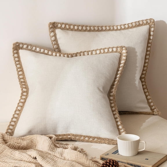 MORAVE Pack of 2 Natural White Neutral Linen Burlap Decorative Throw Pillow Covers, Modern Farmhouse Outdoor Cushions for Couch Bed Living Room Sofa