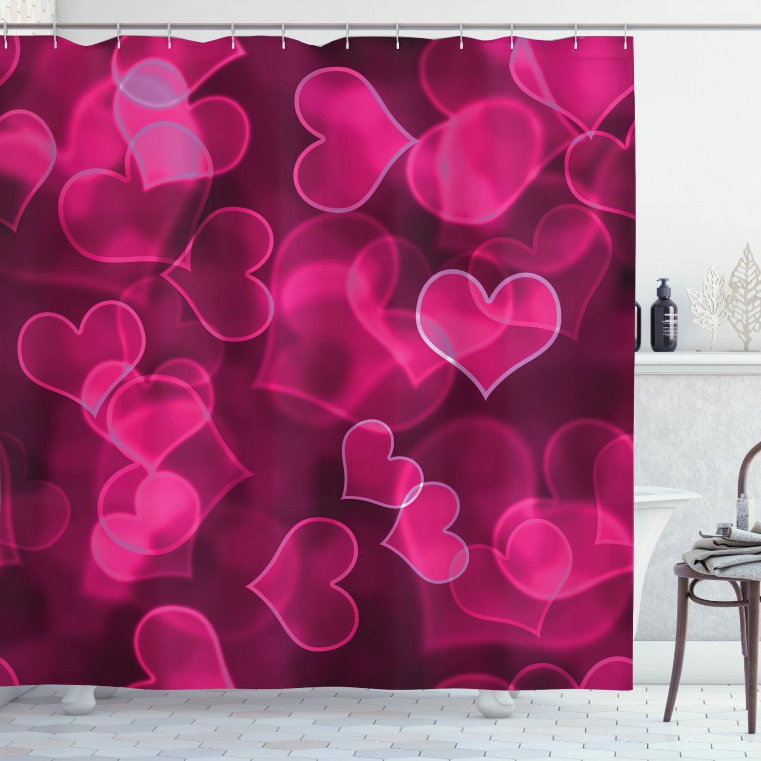 Hot Pink Shower Curtain, Cute Sweet Heart Shapes on Blurry Background