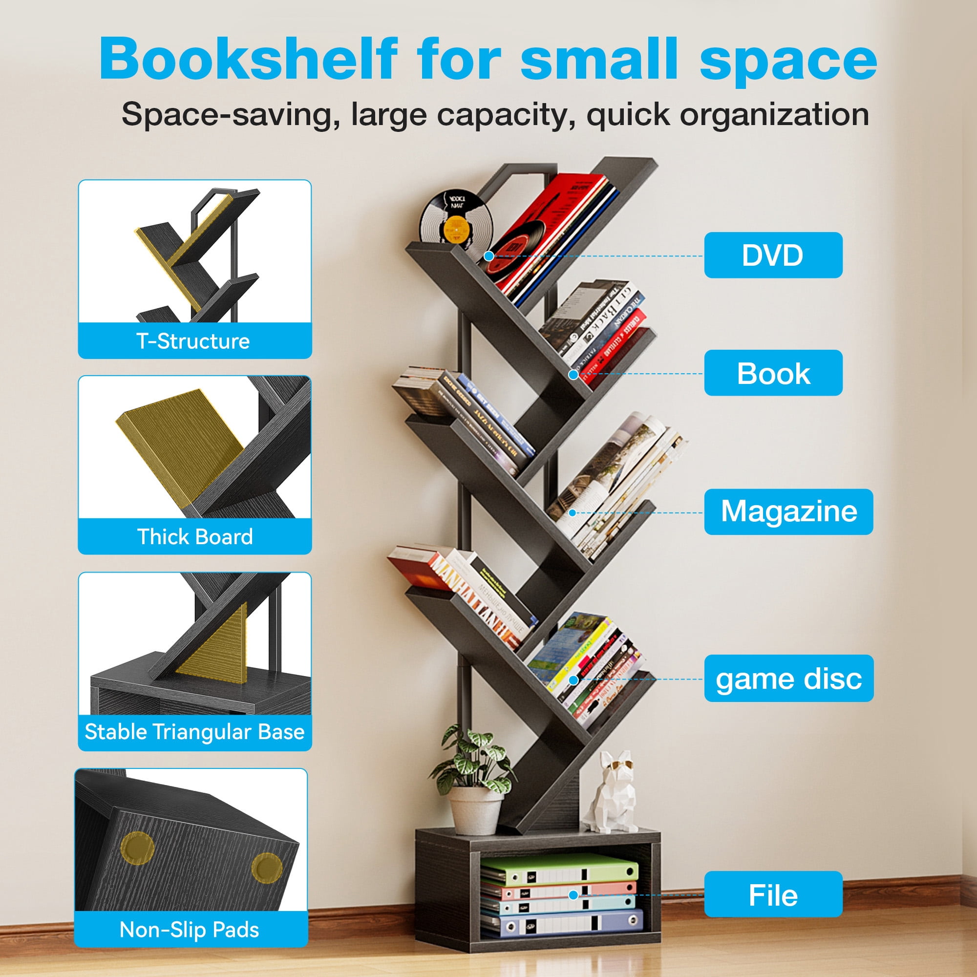 Casacomoda 6-Tier Tree Bookshelf for Corner & Small Space — Narrow Steel & Wood Bookcase, Tall Floor Standing Book Organizer Shelf with Storage Cabinet, Home Decor for Living Room, Bedroom, Black
