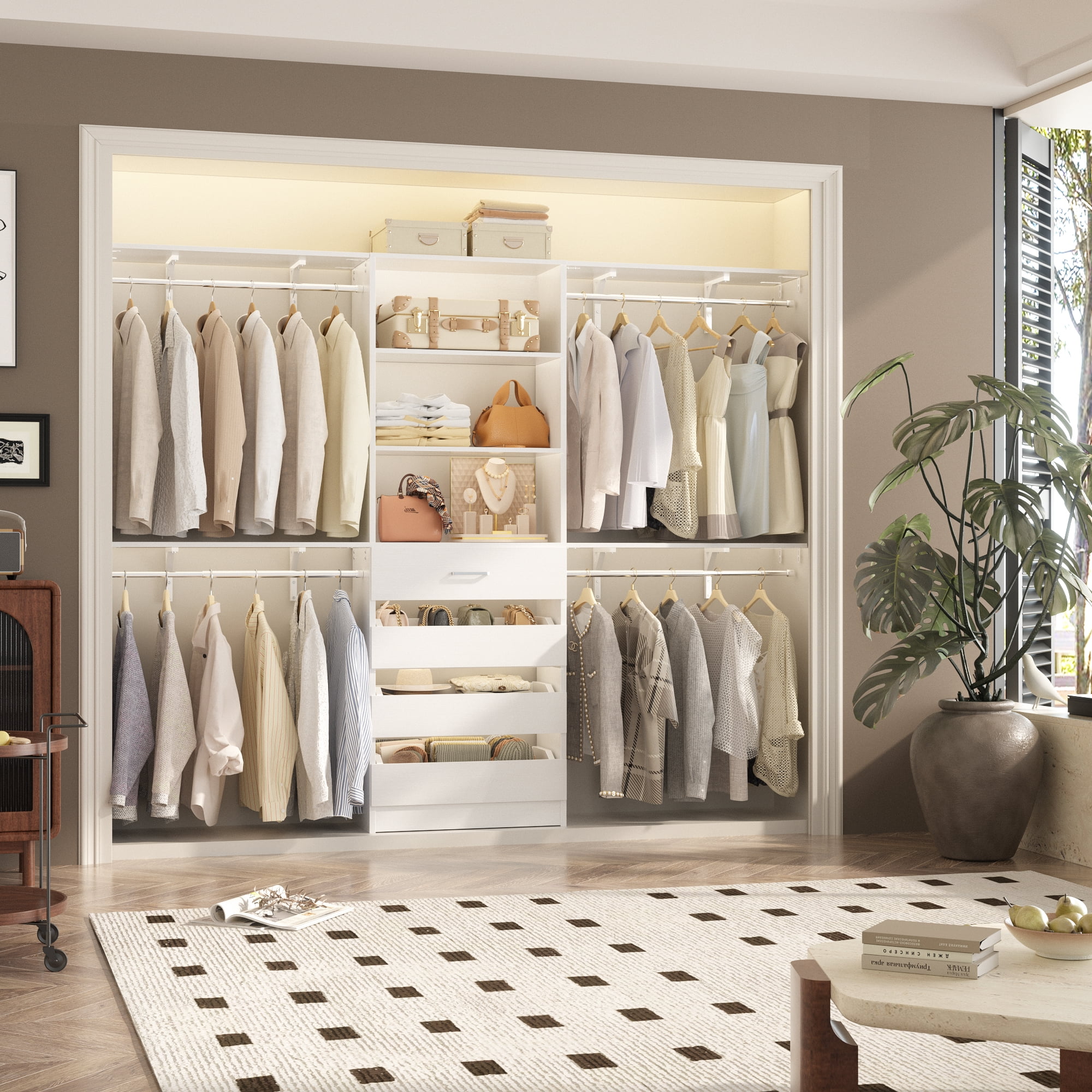 Homieasy 8FT Walk-in Closet System with 4 Wooden Drawers & 4 Hanging Rods ,96'' Wardrobe Tower, Garment Rack ,Heavy-Duty Closet Organizer for Bedroom/Laundry Room ,White