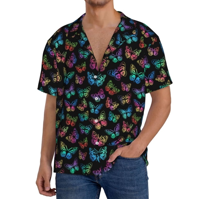 Fotbe Multicolored Butterflies Camisa Estampada de Manga Corta para Hombre, Casual de Verano, Estilo Playero, Sin Arrugas-3X-Large