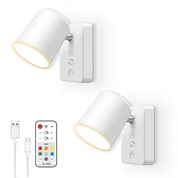 2PCS ALUSSO LED Wall Light Sconces White, 4CCT & Dimmable & RGB, 4000mAh USB Rechargeable Battery, Remote Control, Wireless Reading Lamp for Bedside