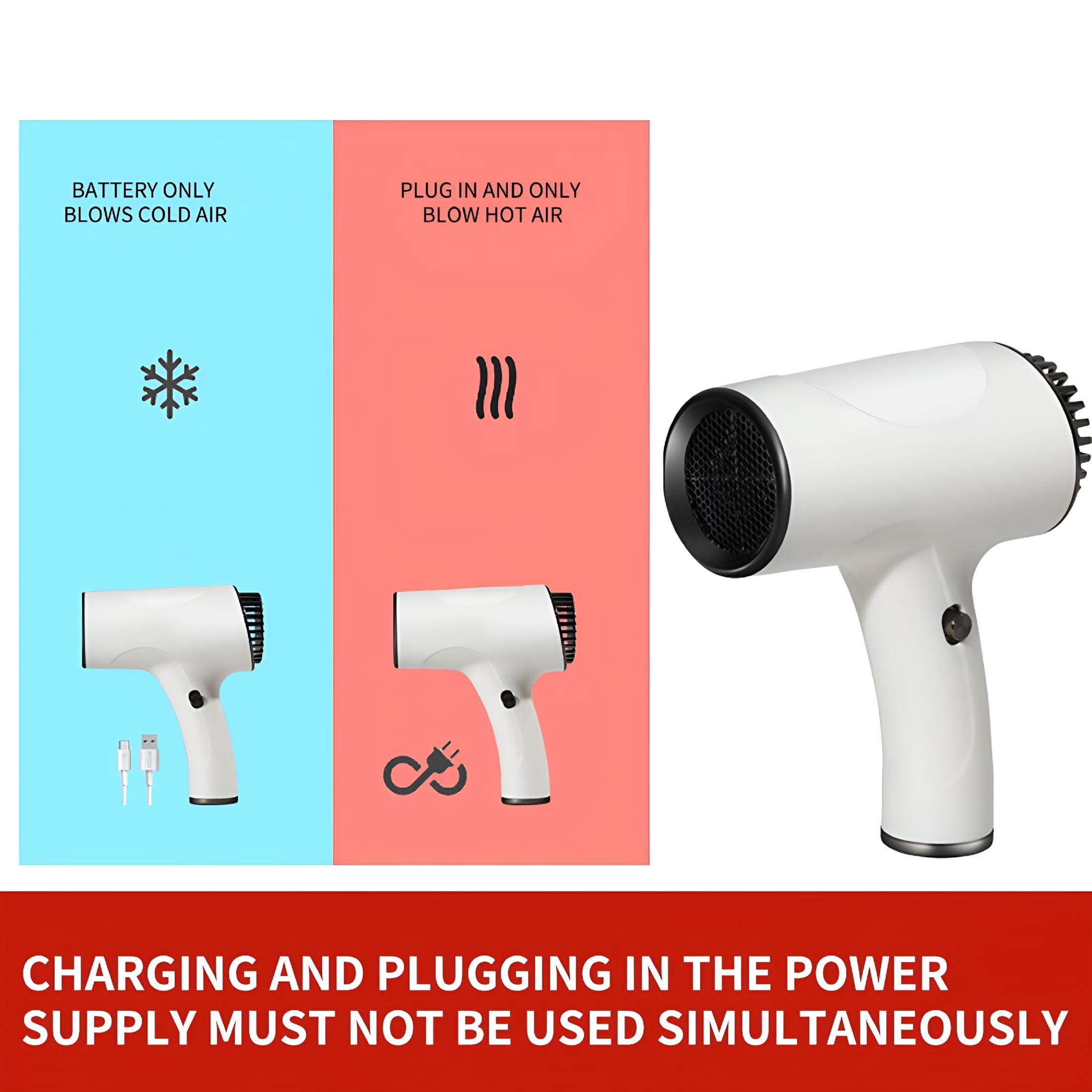 HIBIBUD 500W Cordless Rechargeable Negative Ion Hair Dryer for Normal Curly Hair