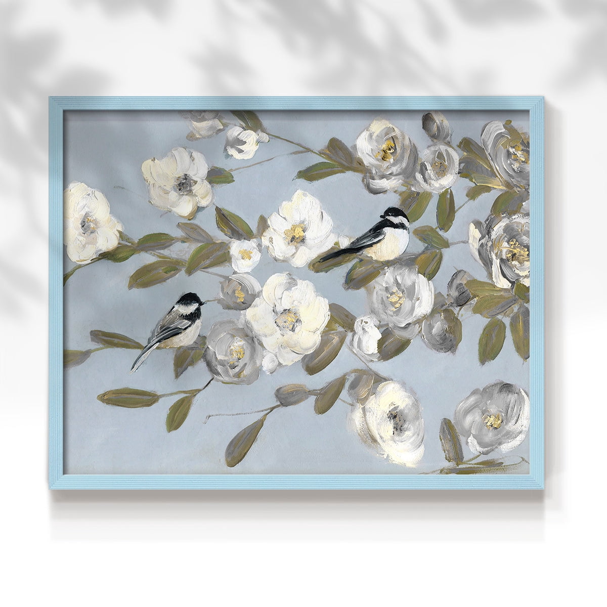 Chickadees and Blossoms I by Sally Swatland - Restickable Framed Giclée Print