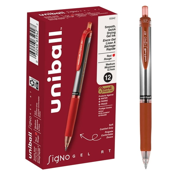 uniball Signo Retractable Gel Pens, Medium Point (0.7mm), Red Ink, 12 Count