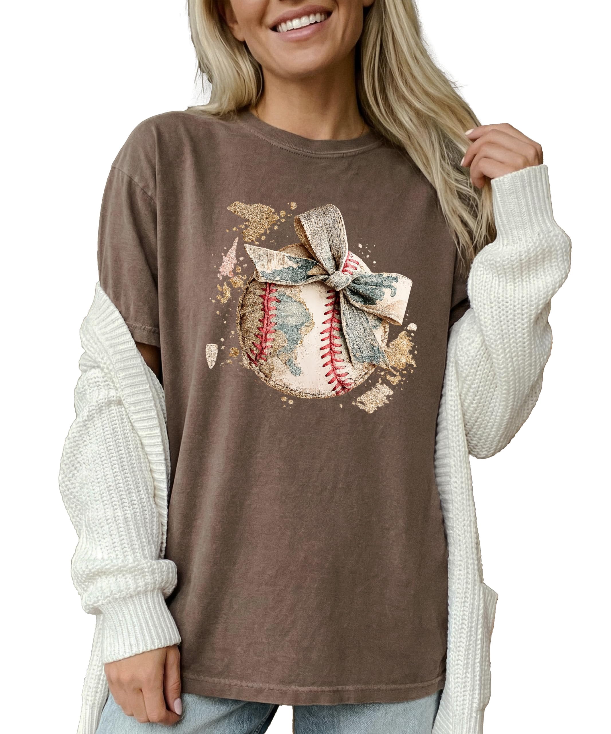 Cute Baseball Bow Shirt for Women - Coquette Game Day Tee - Trendy Sports Mom T-Shirt Espresso Shirt Adult Medium