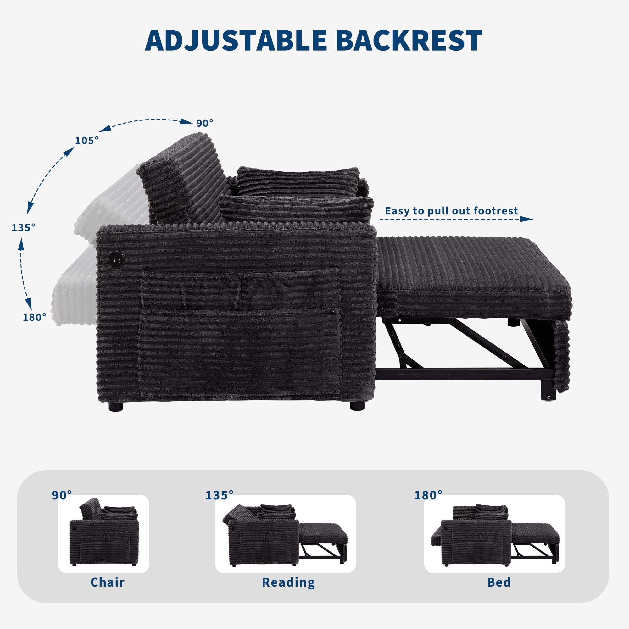 48'' Corduroy Loveseat Sleeper Sofa Bed with Pull-Out Bed, Adjustable Backrest & Charging Ports for Living Room, Bedroom & Apartment