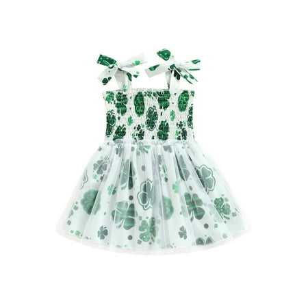 

Bmnmsl Girl Summer Dress Sleeveless Bow Tie Strap Shamrock Floral Print Tulle Dress