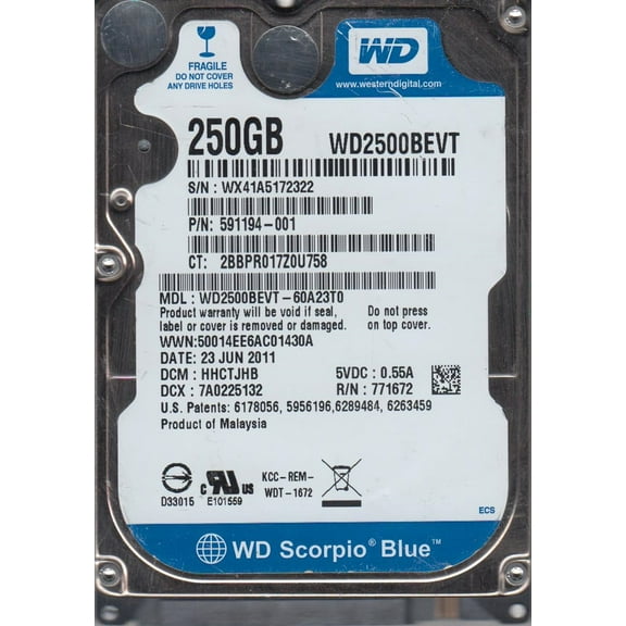WD2500BEVT-60A23T0, DCM HHCTJHB, Western Digital 250GB SATA 2.5 Hard Drive