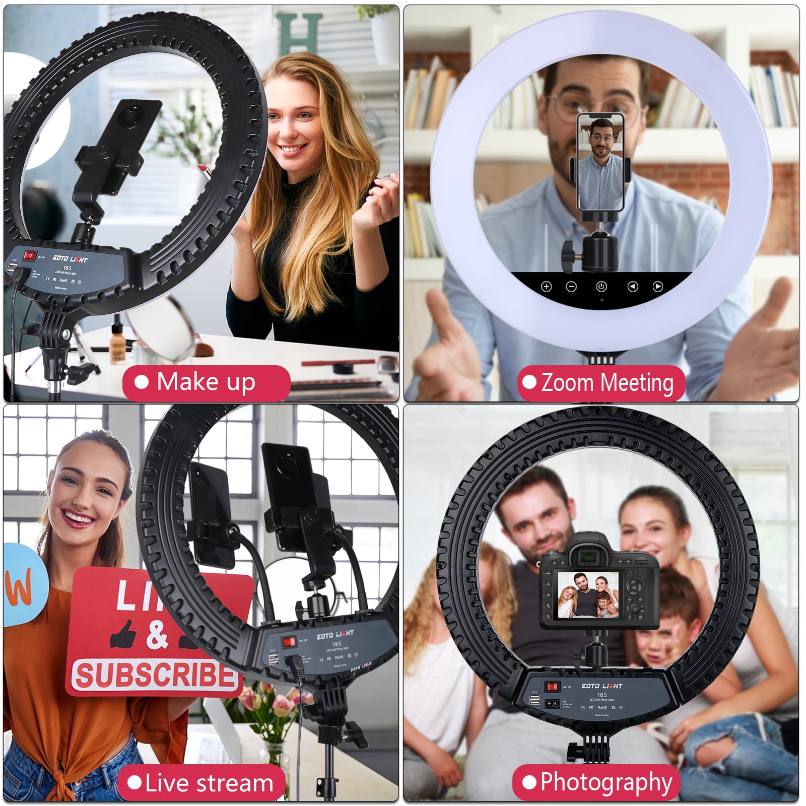 EOTO LIGHT 18 inch LED Ring Light with Tripod Stand, Selfie Ring Light with Touch Panel for Makeup Studio Portrait YouTube Vlog Video Shooting with Carrying Bag and Remote Controller, CRI>90, Upgraded