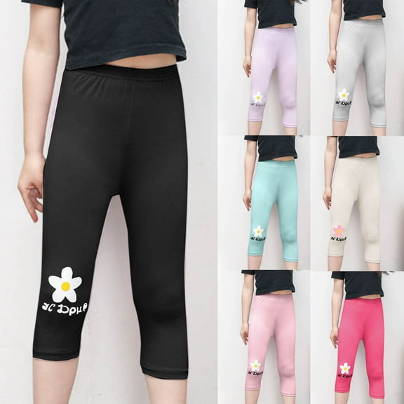 HAOTAGS Girls Graphic Print Leggings High Waisted Mid Length Sport Pants for Outdoor School Black Size 6-7 Years