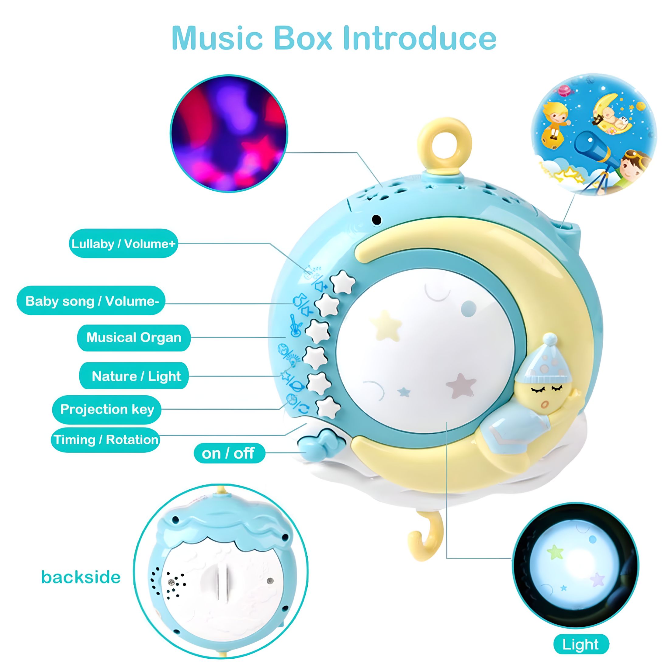 BESTSKY Musical Crib Mobile with Remote Control, Projection & Night Light, Blue/Pink