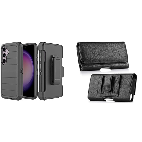 Heavy Duty Cover Bundle for Samsung Galaxy S24 Case with Belt Clip Holster, Glass Screen Protector, Carrying Pouch - Black