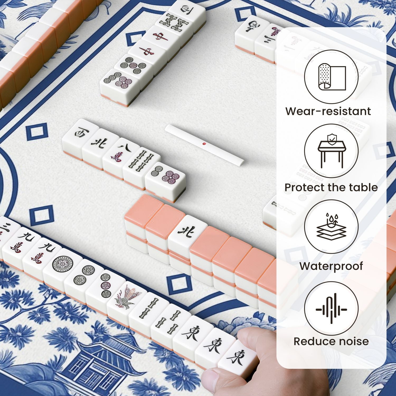 Mahjong Mat 31.5" x 31.5" Blue White Floral Crane Oriental Pavilion Anti-Slip and Noise Reduction Symmetry Design Mahjong Tiles Table Cover for Dominoes Poker Card Board and Tile Games