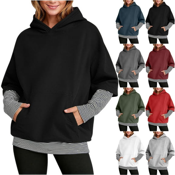 Basic Tees for Women Oversized Hoodies Casual Long Sleeve Sweatshirts Pullover Sweaters Teen Girls Stripe Splicing Fake Two Pieces Clothes Classic-Fit Long-Sleeve T-Shirt (Available in Plus Size)