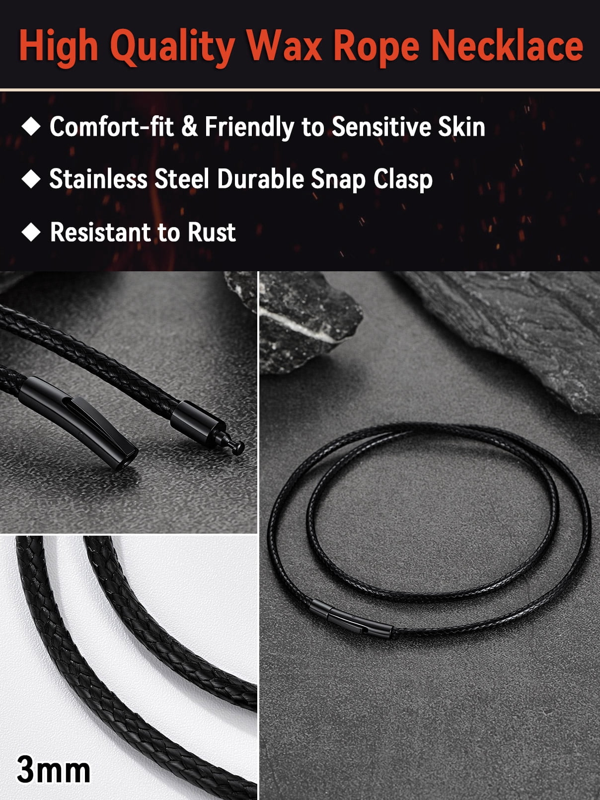 FaithHeart Braided Leather Cord Necklace for Men Women Stainless Steel Black Snap Clasp, 3MM Waterproof Black Woven Wax Rope Chain for Pendant Jewelry Gift for Boyfriend Valentine's Day