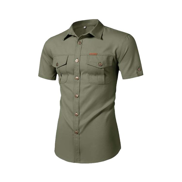 Camisa Elvqul Hombre sin Estampado Verde del Ejército Casual Manga Corta Gym con Solapa