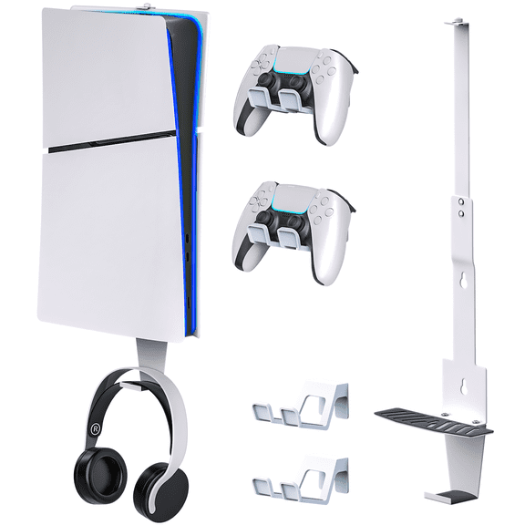 Wall Mount for PS5/PS5 Slim/PS5 Pro Console, Heavy-Duty Steel Bracket for All PS5 Models(Digital and Disc),Sturdy and Not Fall Off, 1Controller Headphone Holder,White
