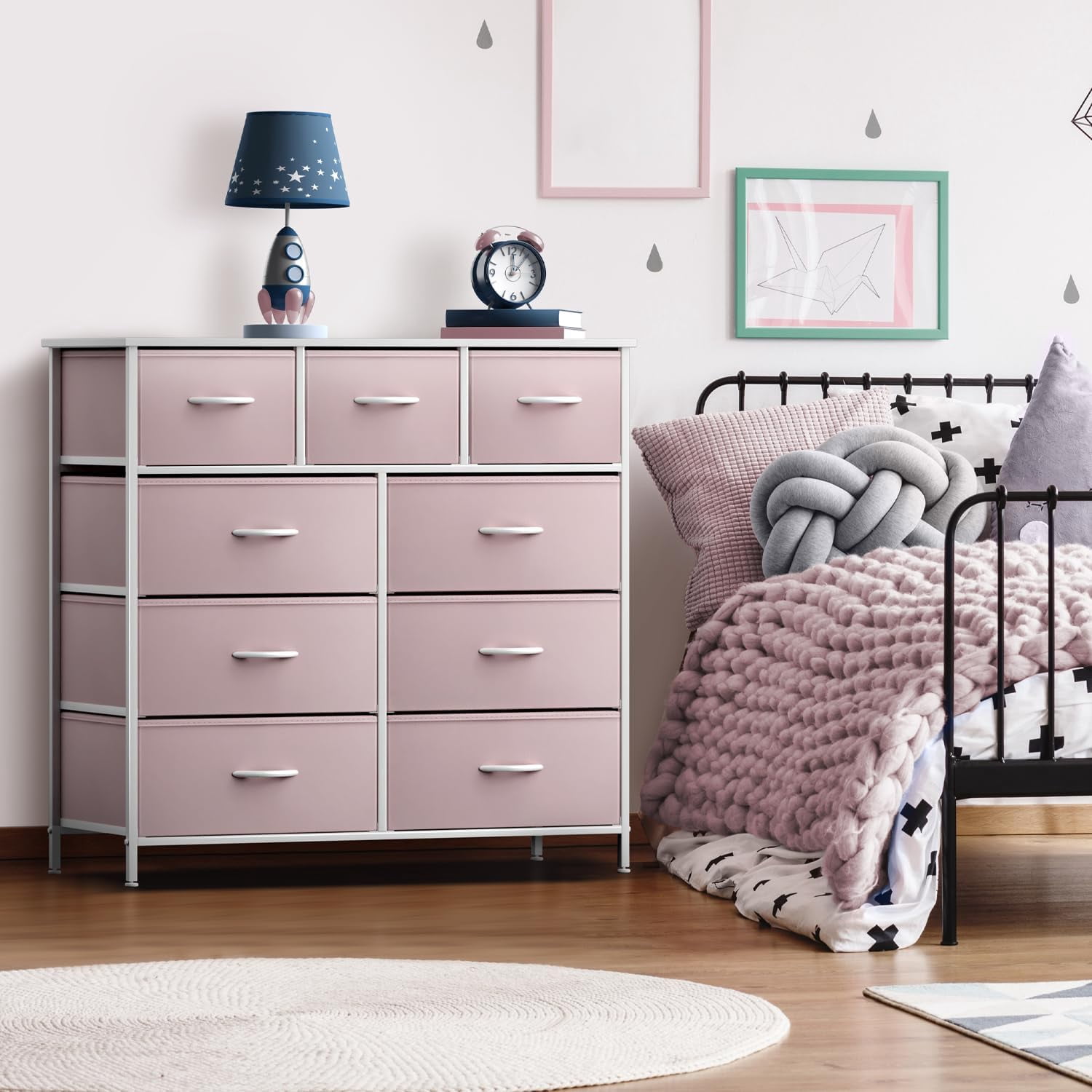 Nightstand Chest 9 Drawers Bedside Organizer Dresser Furniture for Bedroom and Office - Pink