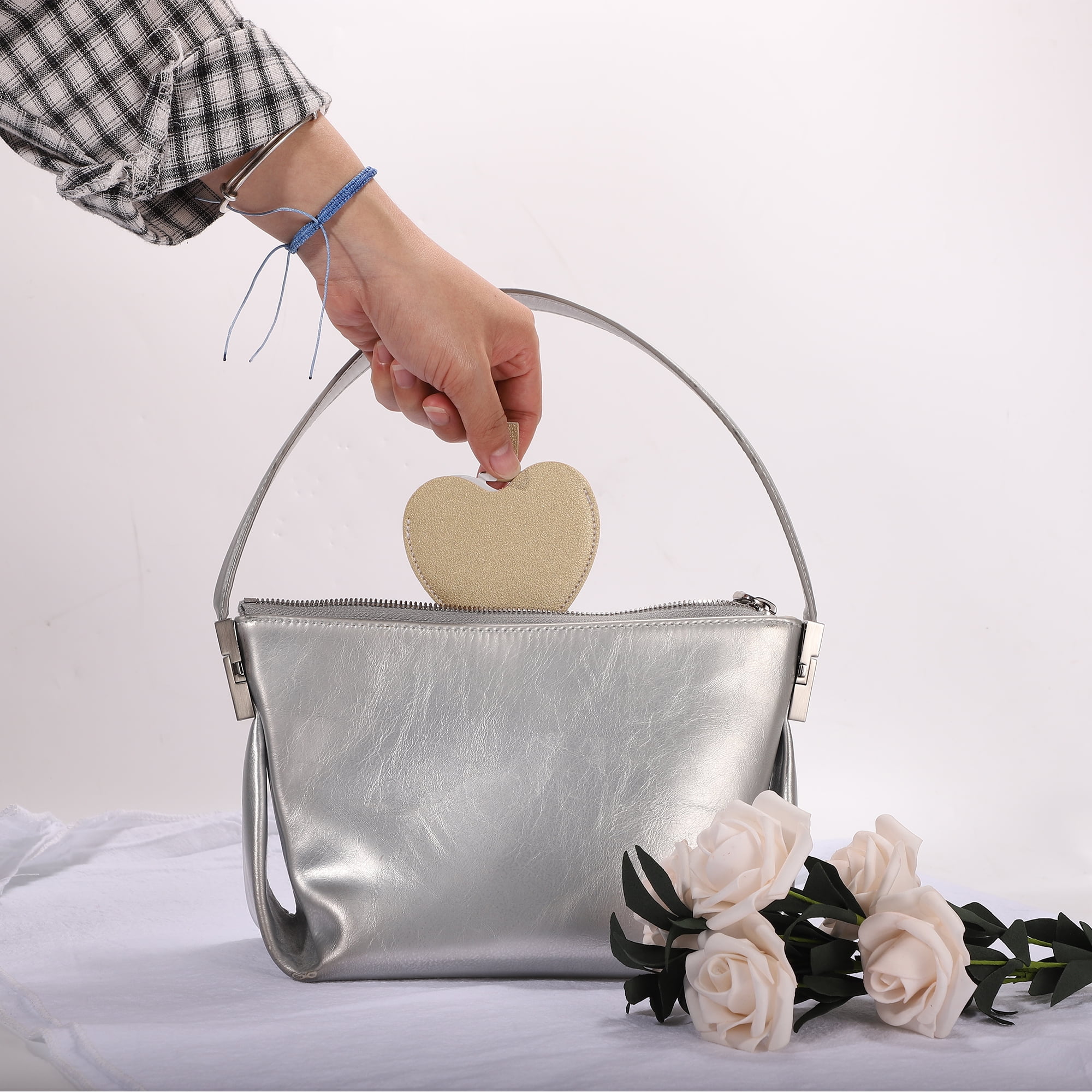 Unique Bargains Heart Shaped Compact Mirror PU Leather Case for Women Khaki