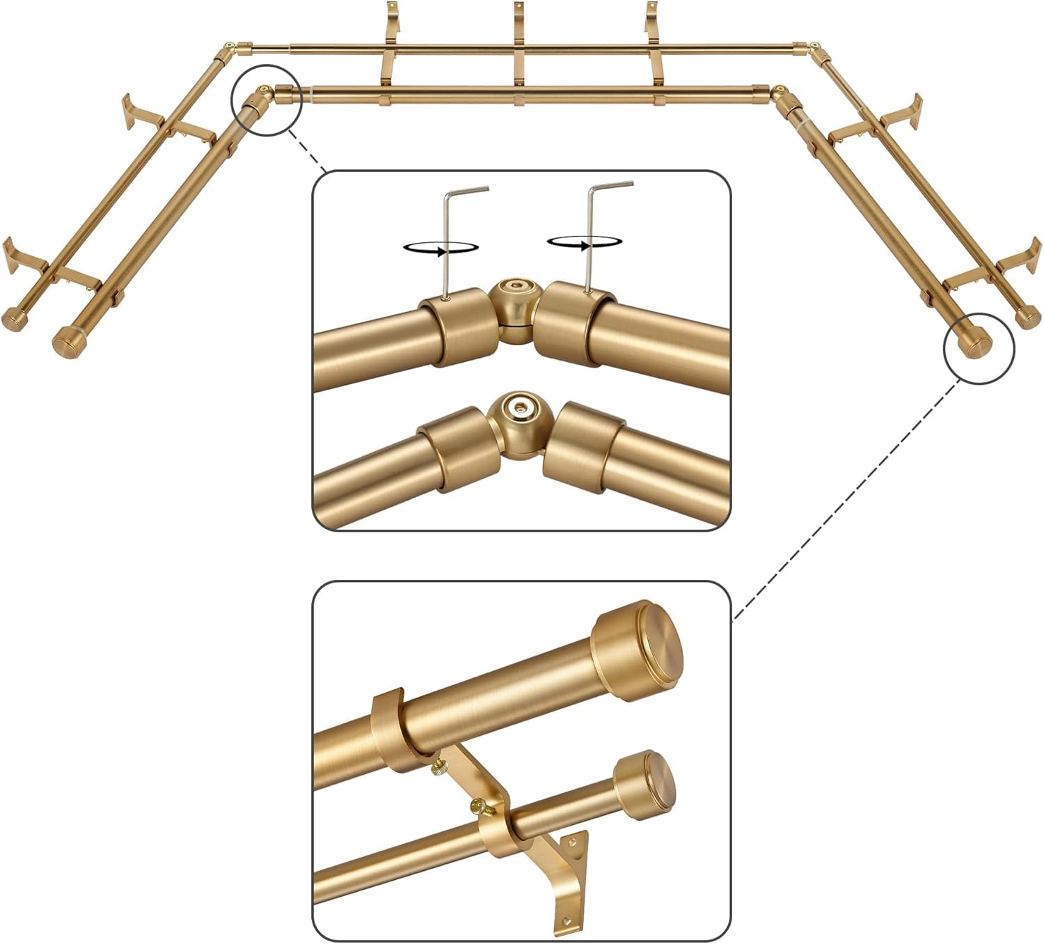 Brushed Nickel Double Corner Window Curtain Rods with Aluminum End Cap Finials and Brackets,1 Inch Diameter Dual Bay Window Curtain Rods, Adjustable 2 Sided 20-36" and 36-72" Center Rod