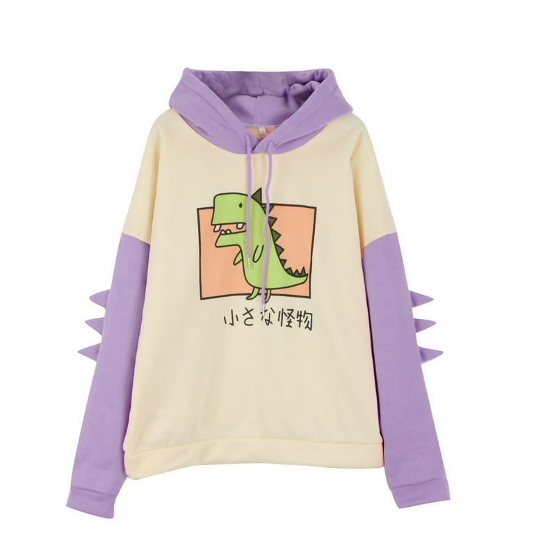 Women s Dinosaur Sweatshirt Long Sleeve Splice Tops Cartoon Cute Hoodies Teens Girls Casual Pullover