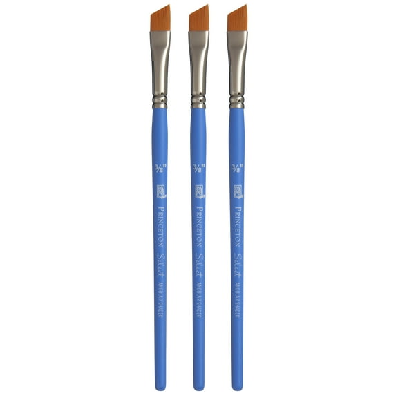 Princeton Select Artiste Angle Shader Brush, Synthetic Bristles, Short Handle Mixed Media Paintbrush, Jewel Blue, Size 3/8 inch, Pack of 3