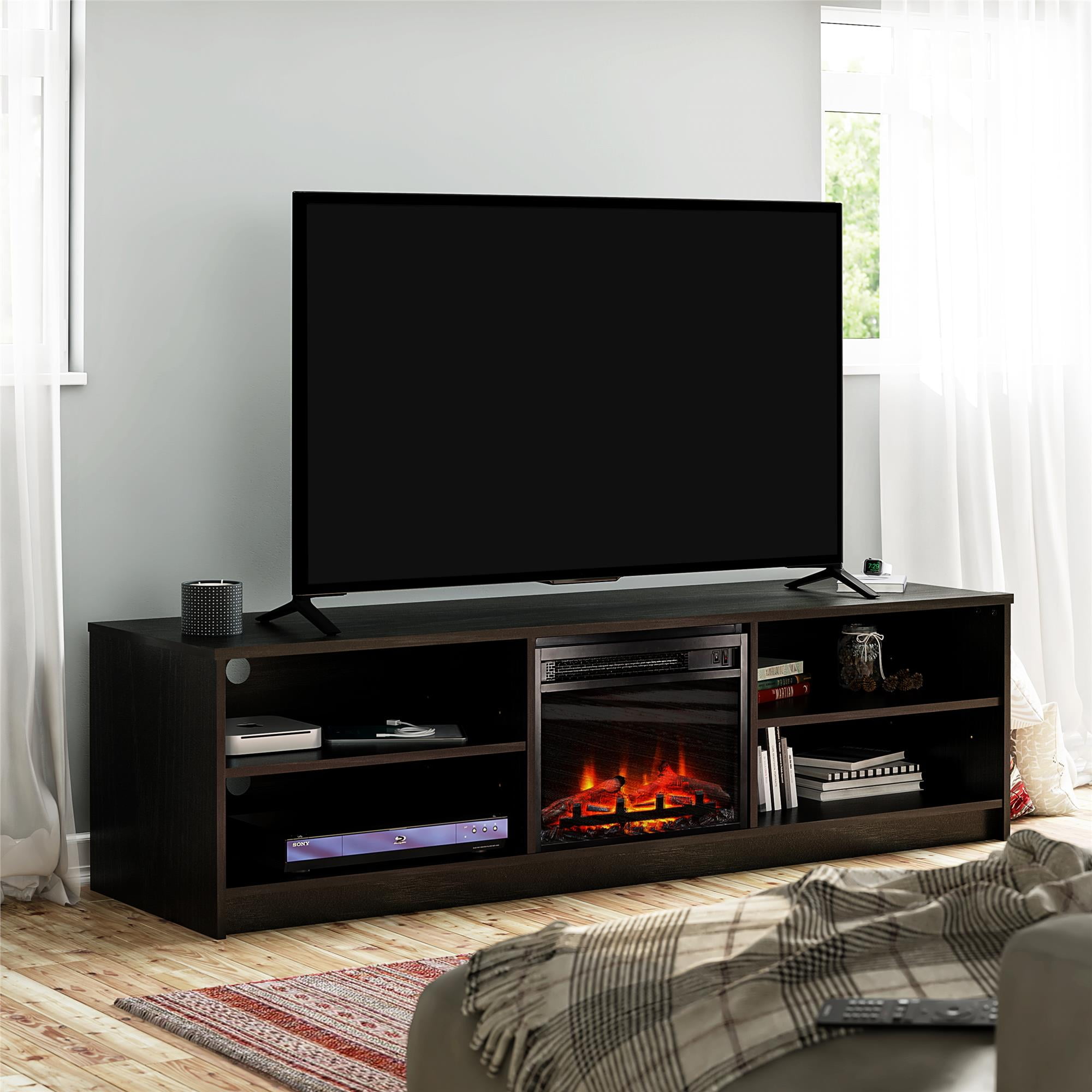 Ameriwood Home Namar 75" TV Stand with Electric Fireplace Insert and 4 Shelves, Black Oak ...