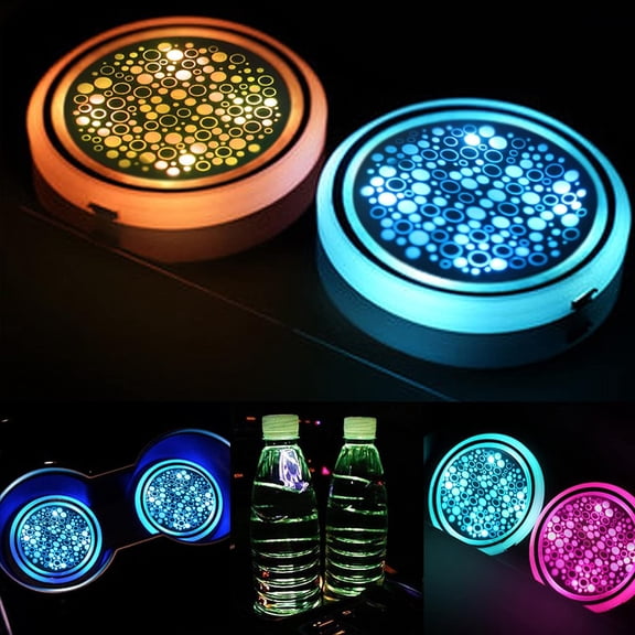 LINLIN Led Cup Holder Lights, 2 Pack Car Cup Holder LED Lights with 7 Colors USB Charging Cup Mat Pad Coaster Interior Atmosphere Lamp Decoration Light