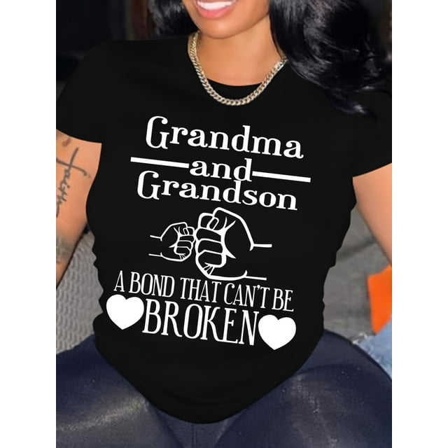 Grandma And Grandson Print Crew Neck T-shirt, Short Sleeve Casual Top For Summer & Spring, Women's Clothing Tee Tee For Adult, Men, Women, Teen, Teenager, Adolescent, Youth