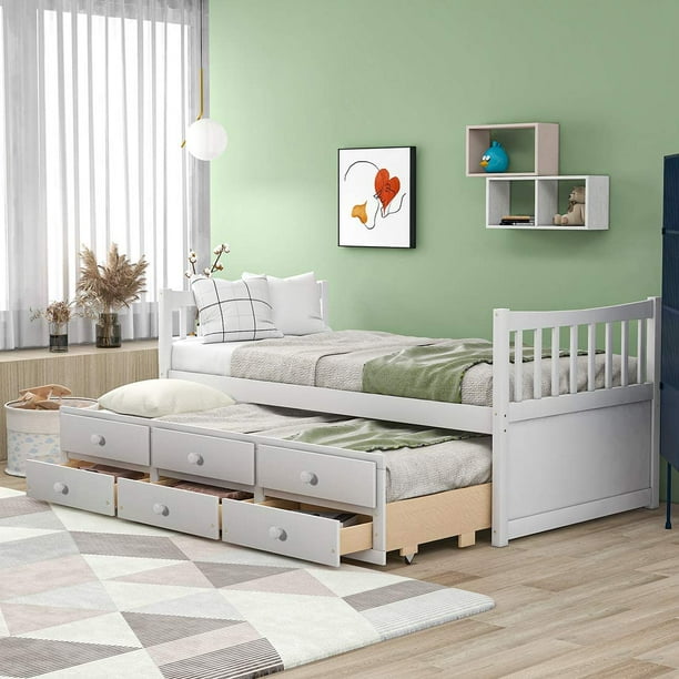 Modernluxe Wood Twin Daybed With A Trundle Bed And 3 Storage Drawers Com Wood Twin Daybed With A Trundle Bed, Queen Size Daybed With Storage Drawers