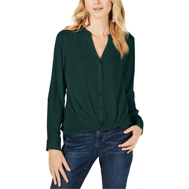 I.N.C Womens Twist-Front Button Up Shirt, Green, Large