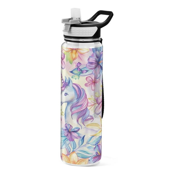 Unicorn in Flowers 32oz Sports Water Bottles Leakproof Tritan Bottle with Straw BPA Free Clear Bottle for Fitness Gym Outdoor Cycling