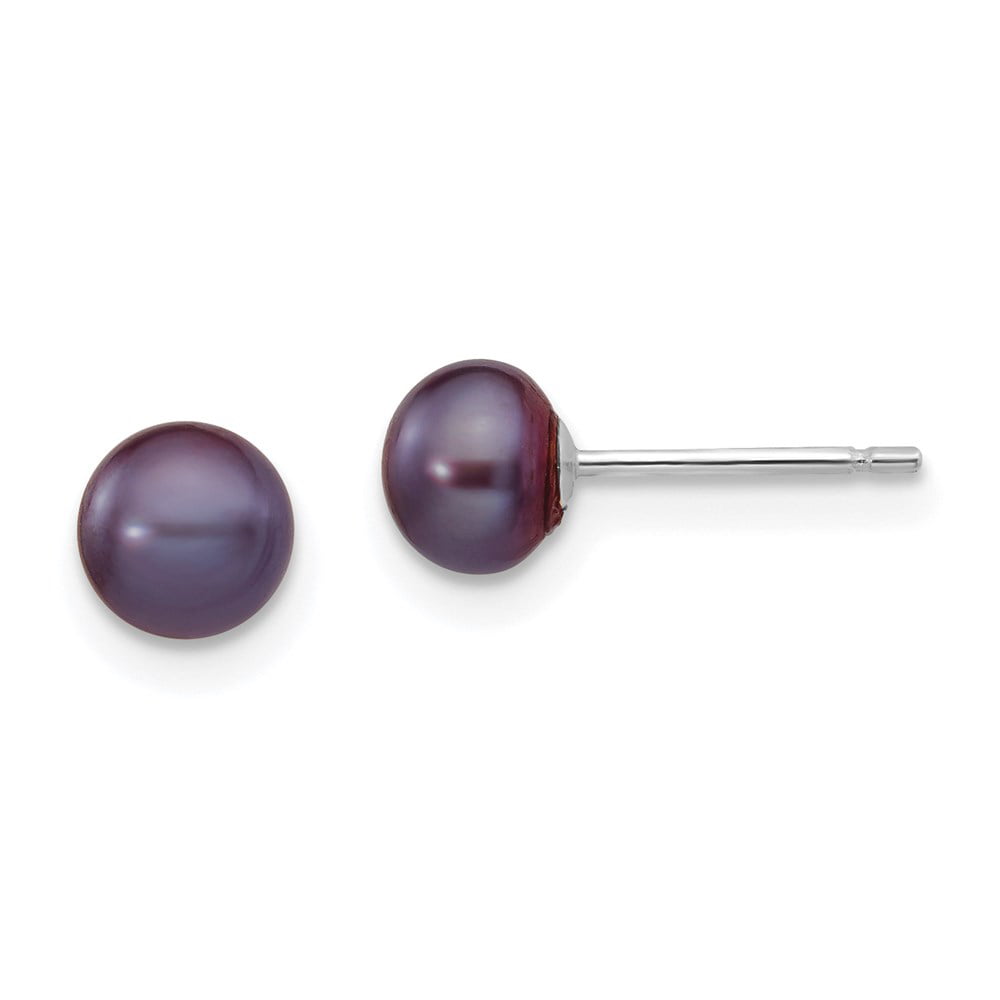 Real 14kt White Gold 5-6mm Black Button FW Cultured Pearl Stud Post Earrings