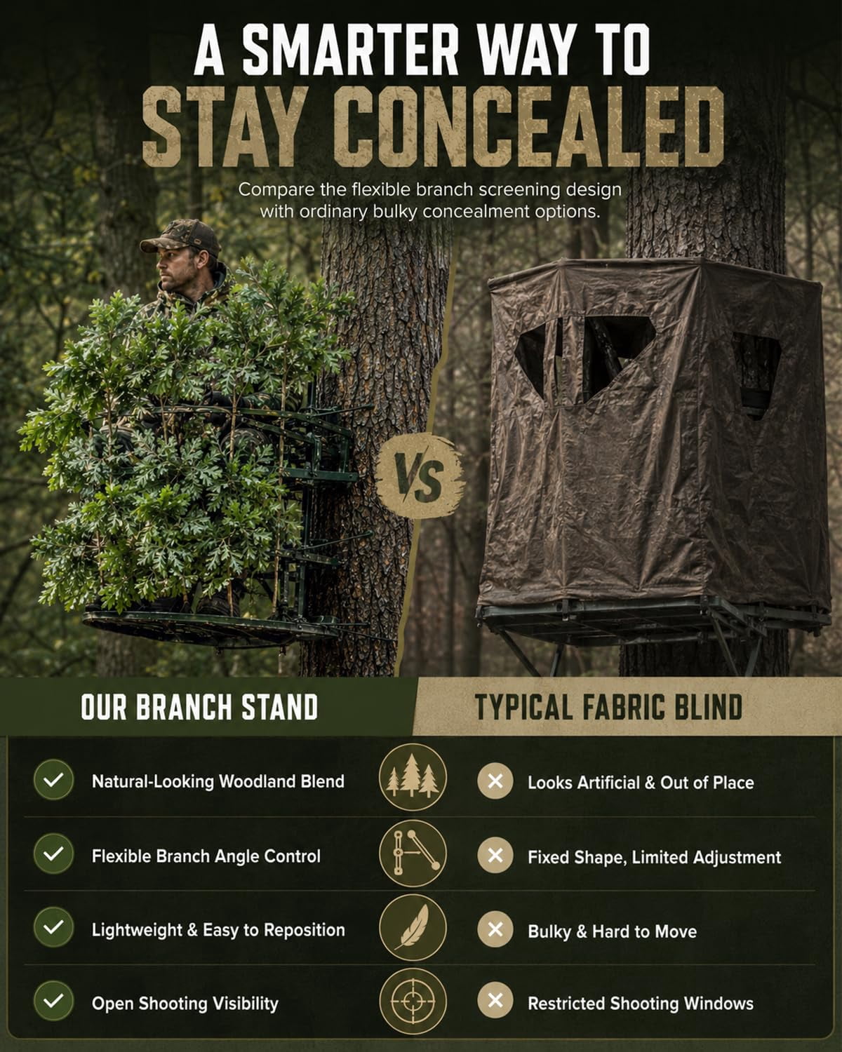 Hunting Concealment Branch Stand, Camouflage Branch Screening Holder with Realistic Oak Leaf Foliage, Tree Stand Blind Cover Camo Screen, Fast Setup Ground Tree Mount for Deer Turkey Hunting