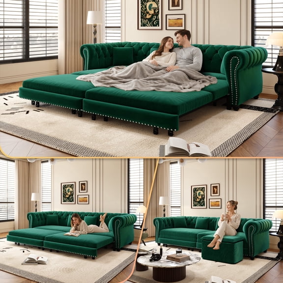 LLappuil 89" Loveseat Sofa, Pull Out Sofa Bed King Size, Chesterfield Sofa Convertible Sleeper Sofa Bed, Velvet 3-Seater Sofa with Movable Ottoman for Living Room Green
