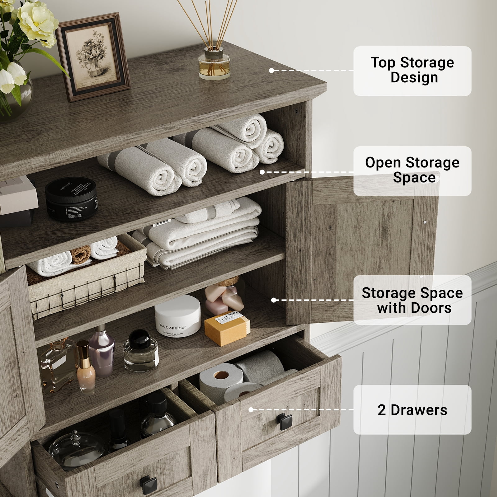 IDEALSOUL Wall Bathroom Storage, Bathroom Medicine Cabinet with Double Door Wall, Two Drawers, Adjustable Shelves, Gray