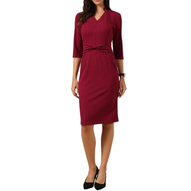 INSPIRE CHIC Robes de Travail pour Femmes Manches 3/4 Col en V Col Montant Robe Moulante de Bureau 2026 m Rouge Vin