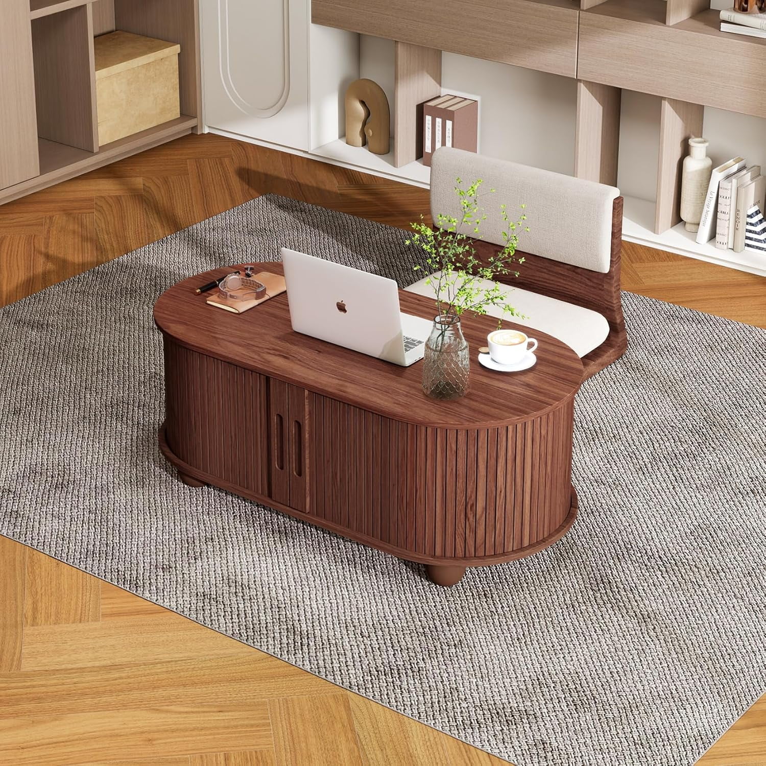 LFGUIZO 39.98” Oval Coffee Table with Hidden Storage, Mid-Century Modern Fluted Wood Coffee Table with 360° Sliding Doors, Solid Wood Legs, Walnut Center Table for Living Room