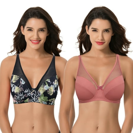 

Curve Muse Plus Size Minimizer Underwire Bra with Floral and leopard Print-2pack (Size:48DDD)